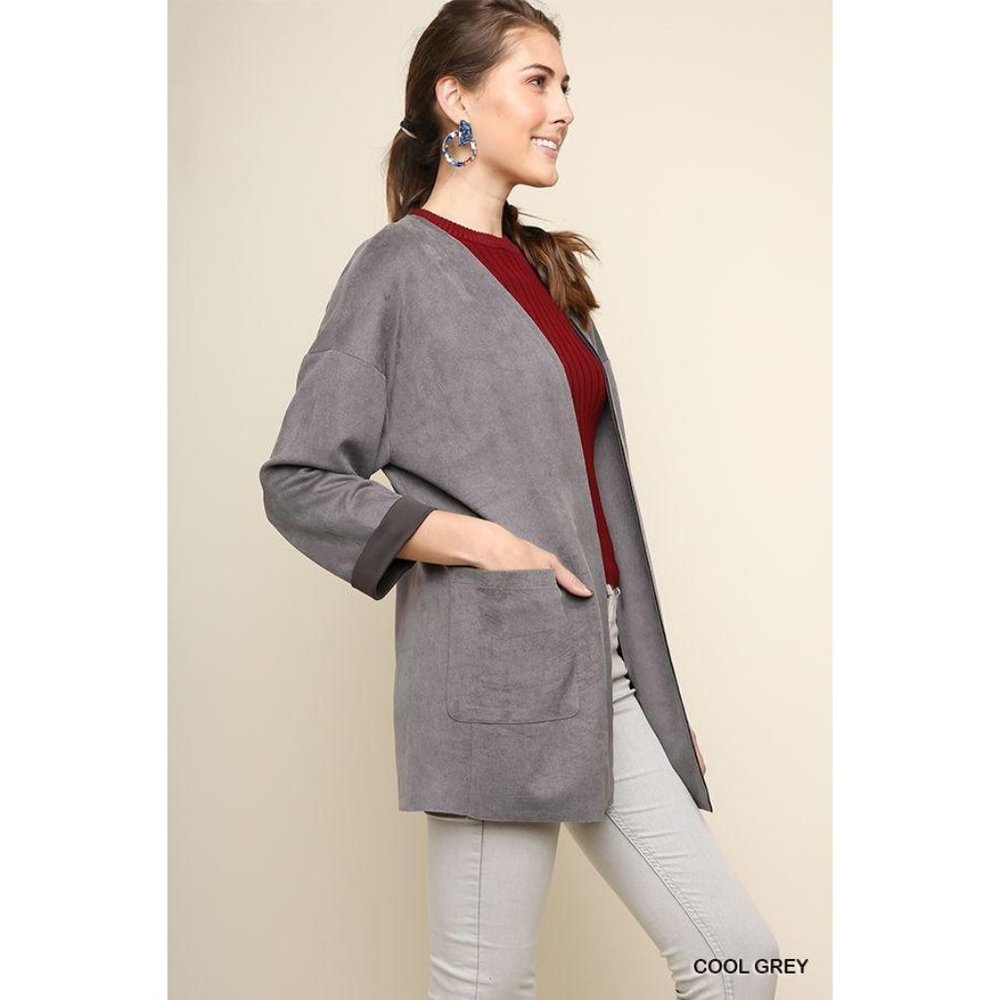 Umgee 3/4 Rolled Sleeve Suede Open Front Jacket - Picture 2 of 2